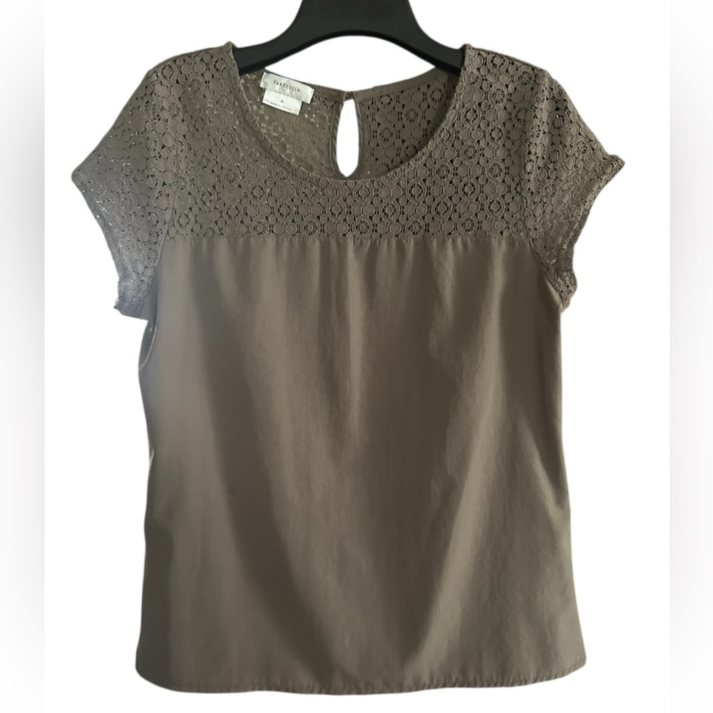 Vintage Van Heusen Women’s Taupe Lace Yoke Pullover Casual Dress  Blouse
